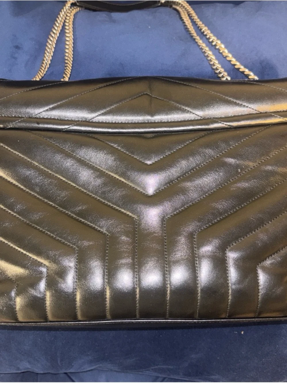 Saint Laurent Black Quilted Chevron Leather Shoulder Bag with Silver Chain